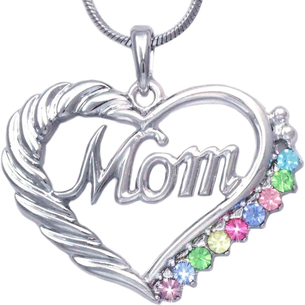 Mom Heart Pendant Necklace Rainbow Birthstone Silver Tone Mothers Day Gift 19$